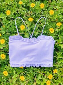 Solid Rib Frill Trim Bikini Top