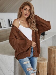 Solid Rib-Knit Button Up Cardigan