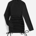 Solid Rib-Knit Ruched Drawstring Bodycon Dress