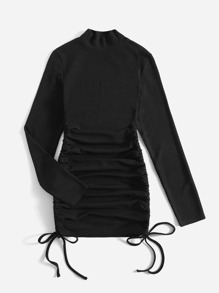 Solid Rib-Knit Ruched Drawstring Bodycon Dress