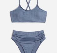 Solid Rib Lace-up Back Bikini Swimsuit