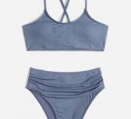 Solid Rib Lace-up Back Bikini Swimsuit