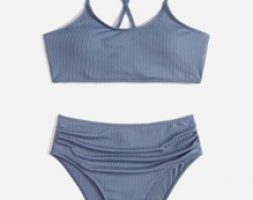 Solid Rib Lace-up Back Bikini Swimsuit