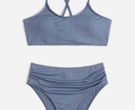 Solid Rib Lace-up Back Bikini Swimsuit