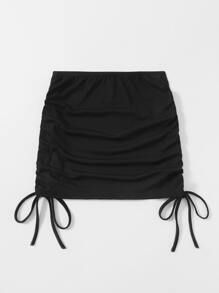 Solid Ribbed Drawstring Skirt