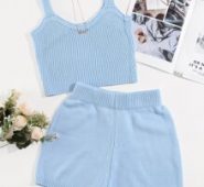 Solid Ribbed Knit Top With Shorts