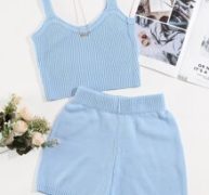 Solid Ribbed Knit Top With Shorts