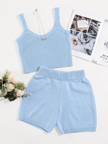 Solid Ribbed Knit Top With Shorts