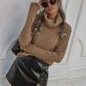 Solid Ribbed Knit Turtleneck Sweater