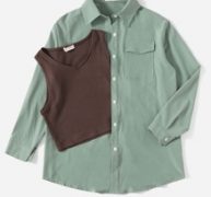 Solid Ribbed Tank Top & Solid Button Front Blouse