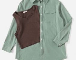 Solid Ribbed Tank Top & Solid Button Front Blouse