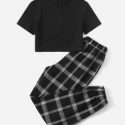 Solid Ribbed Tee & Plaid Print Pants