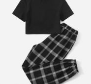 Solid Ribbed Tee & Plaid Print Pants