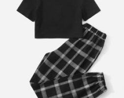 Solid Ribbed Tee & Plaid Print Pants