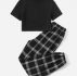 Solid Ribbed Tee & Plaid Print Pants