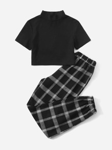 Solid Ribbed Tee & Plaid Print Pants