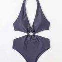 Solid Ring Decor Halter One Piece Swimsuit