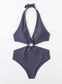 Solid Ring Decor Halter One Piece Swimsuit