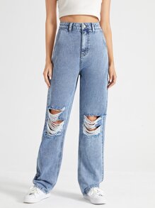 Solid Ripped Hidden Pocket Jeans