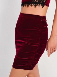 Solid Ruched Velvet Bodycon Skirt