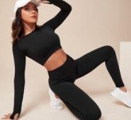Solid Seamless Crop Sports Tee With Thumb Hole & Sports Leggings Set