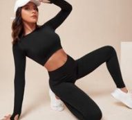 Solid Seamless Crop Sports Tee With Thumb Hole & Sports Leggings Set