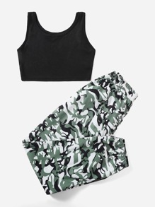 Solid Tank Top & Camo Print Pants