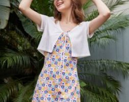 Solid Tie Front Top & Floral Print Dress