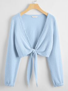 Solid Tie Front Waffle Knit Top