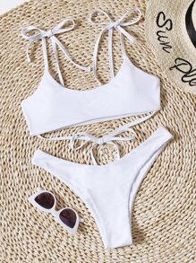 Solid Tie Shoulder Bikini Swimsuit