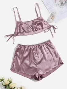 Solid Tie Side Crop Satin Cami Night Set