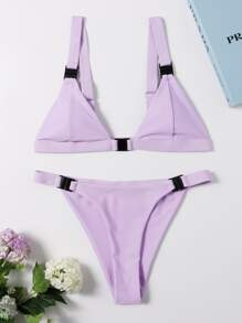 Solid Triangle Tanga Bikini Swimsuit