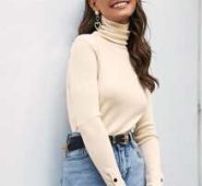 Solid Turtleneck Button Detail Sweater