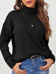 Solid Turtleneck Drop Shoulder Sweater