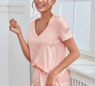 Solid V-Neck Tee & Graphic Shorts Pajama Set