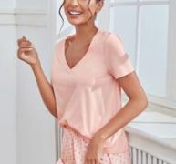 Solid V-Neck Tee & Graphic Shorts Pajama Set