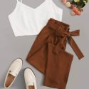 Solid Zip Back Cami Top With Belted Pants