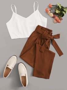 Solid Zip Back Cami Top With Belted Pants