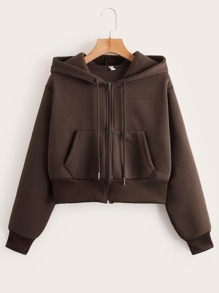 Solid Zip Up Drawstring Hoodie