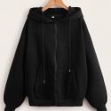 Solid Zip Up Pocket Drawstring Hoodie