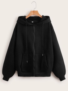 Solid Zip Up Pocket Drawstring Hoodie