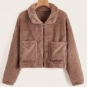 Solid Zip Up Pocket Teddy Jacket