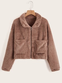 Solid Zip Up Pocket Teddy Jacket