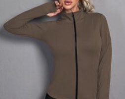 Solid Zip Up Sports Jacket With Thumb Holes