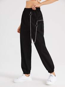 Solid Zipper Chain Ring Joggers