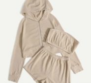 Solid Zipper Hoodie & Tube Top & Shorts