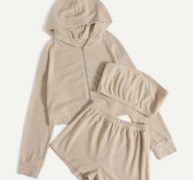 Solid Zipper Hoodie & Tube Top & Shorts