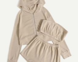 Solid Zipper Hoodie & Tube Top & Shorts