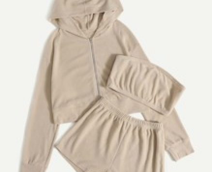 Solid Zipper Hoodie & Tube Top & Shorts