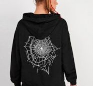 Spider And Spiderweb Print Drop Shoulder Drawstring Hoodie